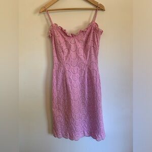 Moschino Jeans Y2K Vintage Pink Embroidery Eyelet Dress Scallop Finish Size 40